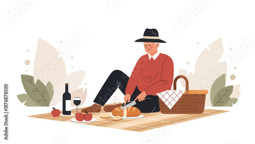 Elegant Gentleman Enjoying Picnic At Leisurely Weekend Amidst Nature's Serenity