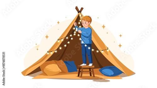 Enthusiastic Boy Decorating A Cozy Tent With String Lights Inside The House