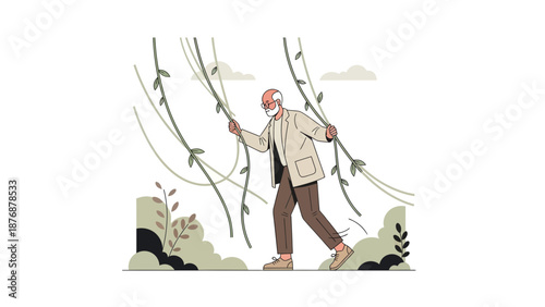 Elegant Senior Explorer Navigating Through Vine Jungle In An Adventure Depiction
