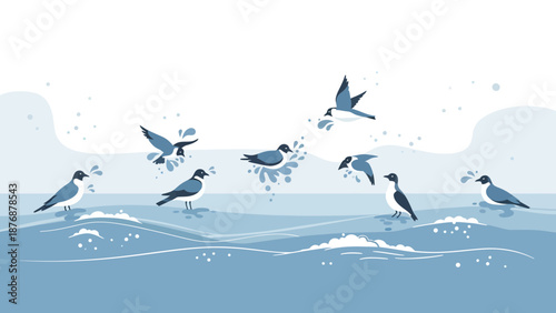 Elegant Seabirds Enjoying Waves on Blue Waters Serene Avian Aquatic Scene