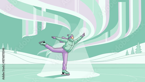 Elegant Skating Performance Under The Northern Lights With Artistic Illustration