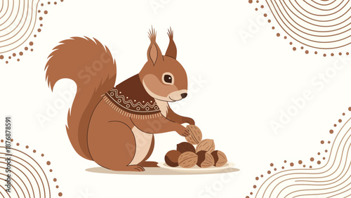 Elegant Squirrel Preparing For The Winter Season With A Pile Of Tasty Nuts
