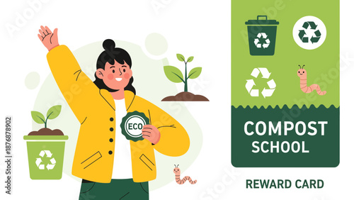 Enthusiastic Woman Promotes Ecological Compost School Project with Illustrated Plant and Reward