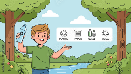 Enthusiastic Youngster Explains Recycling Categories In A Serene Natural Environment