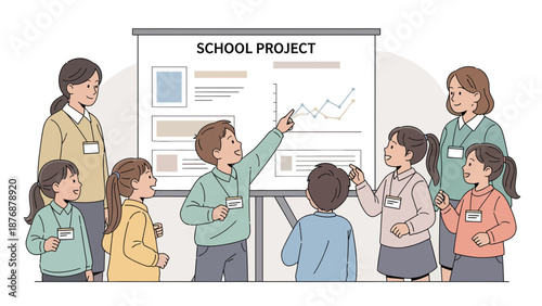 Enthusiastic Young Students Presenting School Project To Classmates And Teachers