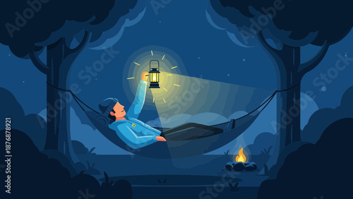 Evening Serenity Man Relaxing In Hammock With Lantern And Fire In Peaceful Night
