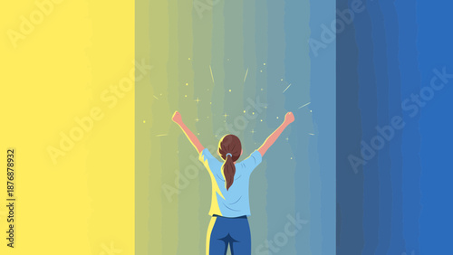 Empowered Woman Reaching For Success Against An Abstract Gradient Background