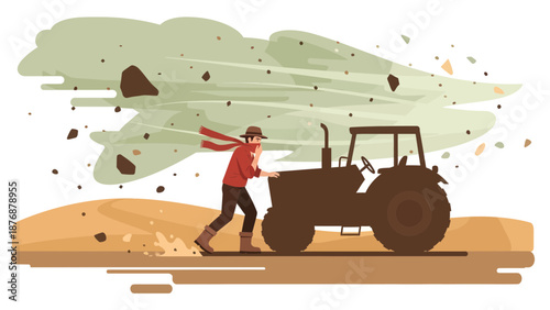 Farmer Struggles Against A Dust Storm While Working With His Tractor
