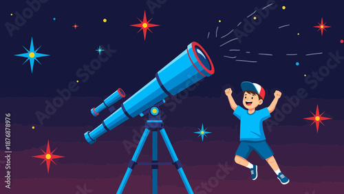 Excited Boy Discovering Universe Wonders Through Telescope At Night Sky