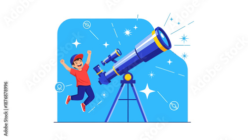 Excited Boy Discovers New World Through Telescope Illustration For Astronomical Studies