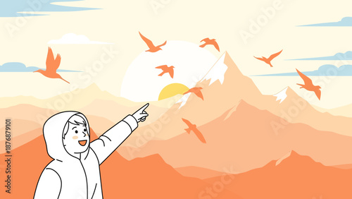 Excited Hiker Spotting Birds Flying Over Mountain Range At Sunset