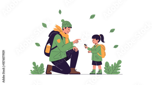 Father And Daughter Explore Nature Discovering Insect Together In Autumn Season