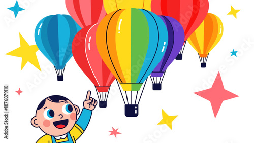 Excited Toddler Points To Colorful Balloons Floating Away In Delightful Cartoon Sky