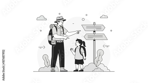 Father And Daughter Exploring Direction Sign Post On A Hiking Adventure Trip