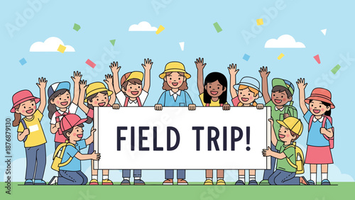 Excited School Children On Field Trip Holding Banner Enjoying Educational Outing