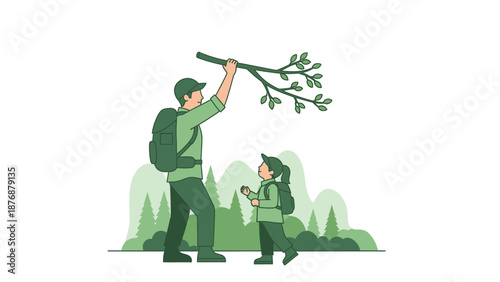 Father And Daughter Exploring Nature Together During Hiking Adventure In Forest