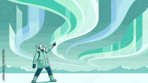 Excited Tourist Watching The Northern Lights In A Beautiful Winter Landscape