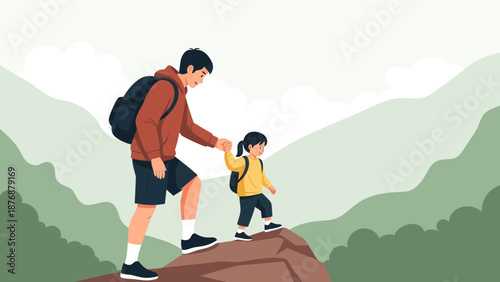 Father And Daughter Hiking Outdoor Adventure Time In Mountains Together