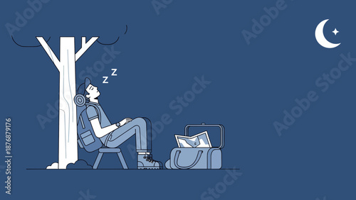 Exhausted Hiker Taking A Break Underneath A Tree At Night With Moon