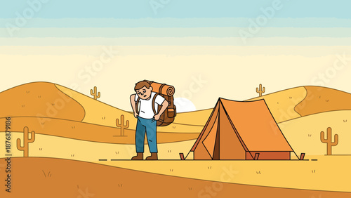 Exhausted Hiker Resting By Tent After Strenuous Desert Hike in Summer