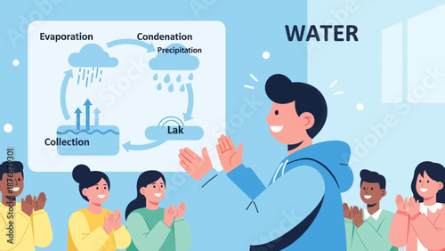 Explaining The Water Cycle To An Audience Of Diverse Cheering People