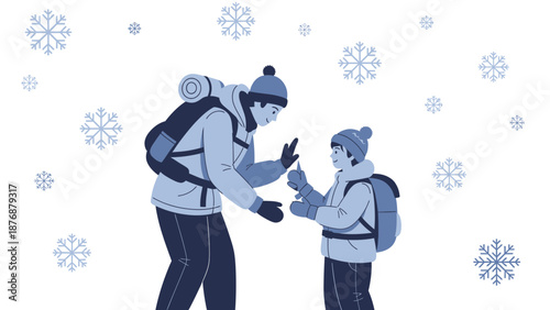 Father And Son Enjoying Winter Adventure Outdoors Together In Snowy Landscape