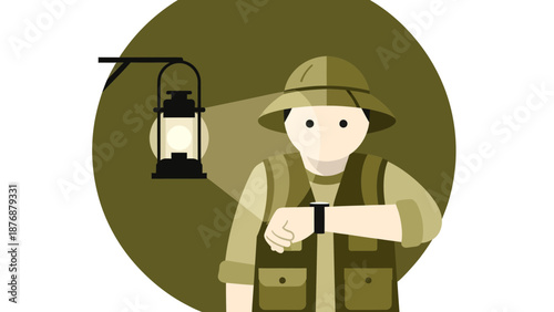 Explorer Checks Time On Smartwatch Illuminated By Lantern In Minimalist Style