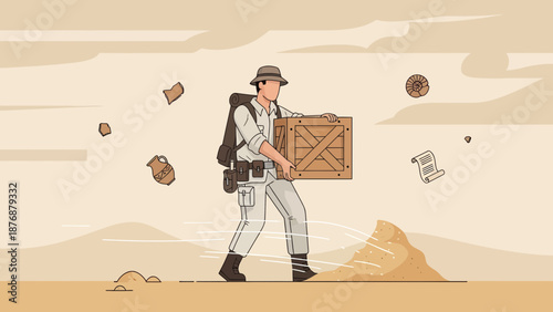 Explorer Carrying Archaeological Finds Across Desert Landscape Illustration