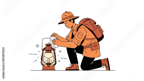 Explorer Cleans Old Lantern In Preparation For Adventure Journey Illustration