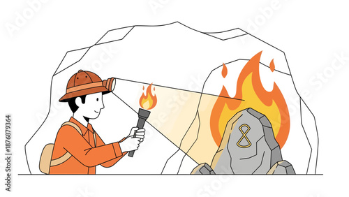 Explorer Discovering Ancient Ruins In A Cave With A Fire Torch