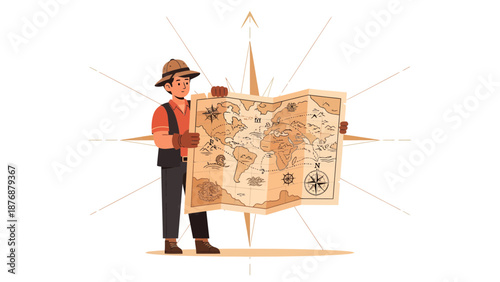 Explorer Discovering New Territories on Old World Map Cartoon Illustration