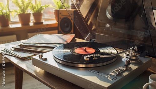 A vintage record player with a vinyl album spinning in a cozy, sunlit room, evoking nostalgia and relaxation for music lovers, home decor and entertainment.