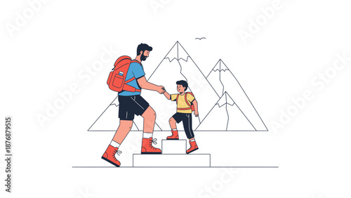 Father Helping Son On Mountain Hike Adventure Guiding Support Concept