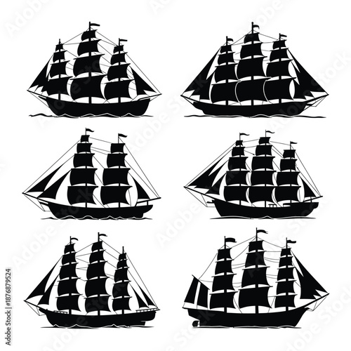 Silhouette collection of majestic sailing ships with detailed masts and sails
