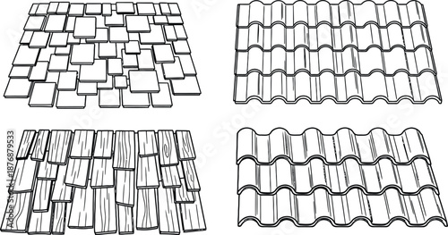 Line art vector set of 4 roof tile patterns slate tile clay pantile wood shingle and concrete tile textures