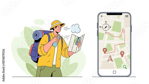 Explorer Uses Map And Phone App For Outdoor Adventure Planning With Backpack