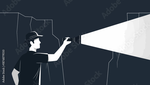 Explorer With Flashlight Investigating Dark Cave Walls For Discovery And Adventure