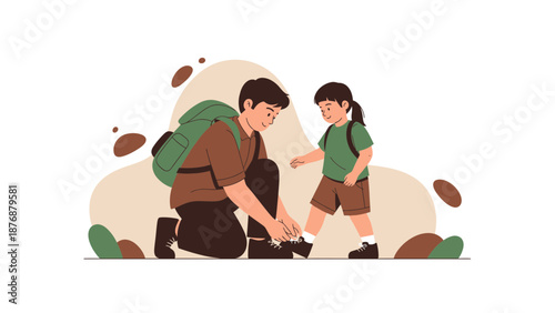 Father Tying Shoelaces For Daughter During Hiking Adventure In Nature Landscape