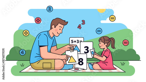 Father Teaching Math To His Daughter Outdoors Using Flash Cards Illustration