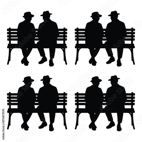 Silhouettes of men seated on park benches a repeating pattern
