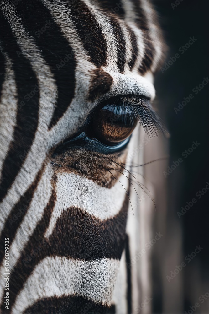 Fototapeta premium Close-up of a zebra's eye with its black-and-white stripes and long lashes. Concept Close-up Zebra Eye, Black-and-White Stripes, Long Eyelashes, Wildlife Macro Portrait, Intense Gaze