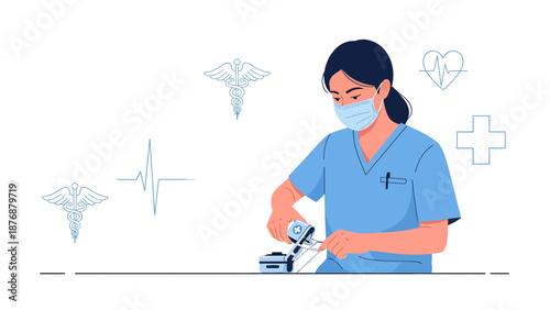 Female Healthcare Worker Preparing Medical Equipment During a Pandemic Illustration