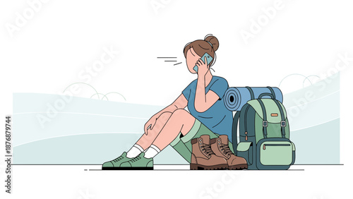Female Hiker Communicating Via Mobile Phone During A Break On A Trip