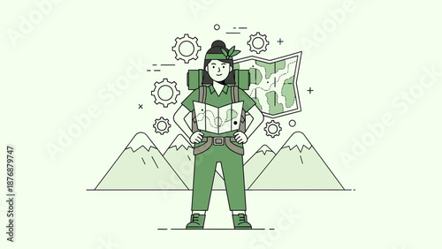 Female Hiker Exploring Mountains With Map and Gears For Adventure Planning