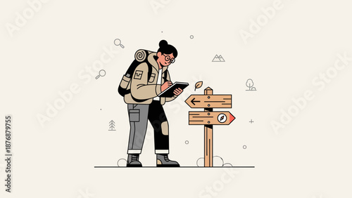 Female Hiker Consulting Map Near Signpost Amidst Scenic Landscape Illustration