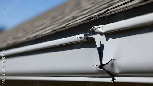 Damaged white rain gutter with crack and peeling paint on roof edge damaged gutter white gutter cracked gutter