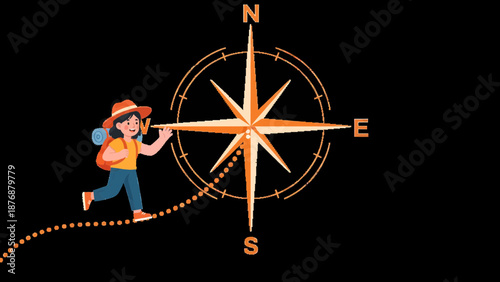 Female Hiker Following Compass Directions And Walking Towards An Adventure