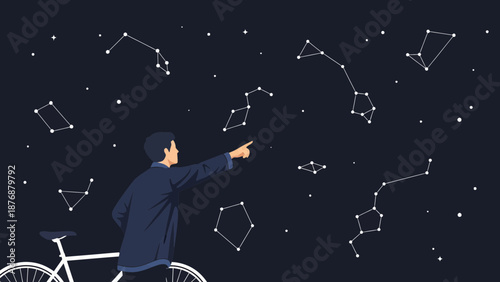 Exploring The Universe Illustration Of A Man With Bike And Star Constellations