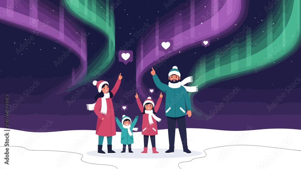 Obraz premium Family Enjoying The Northern Lights Together In A Winter Wonderland Scene