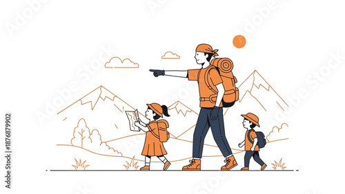 Family Adventure Dad Guides Children With Map In Outdoor Linear Style Vector